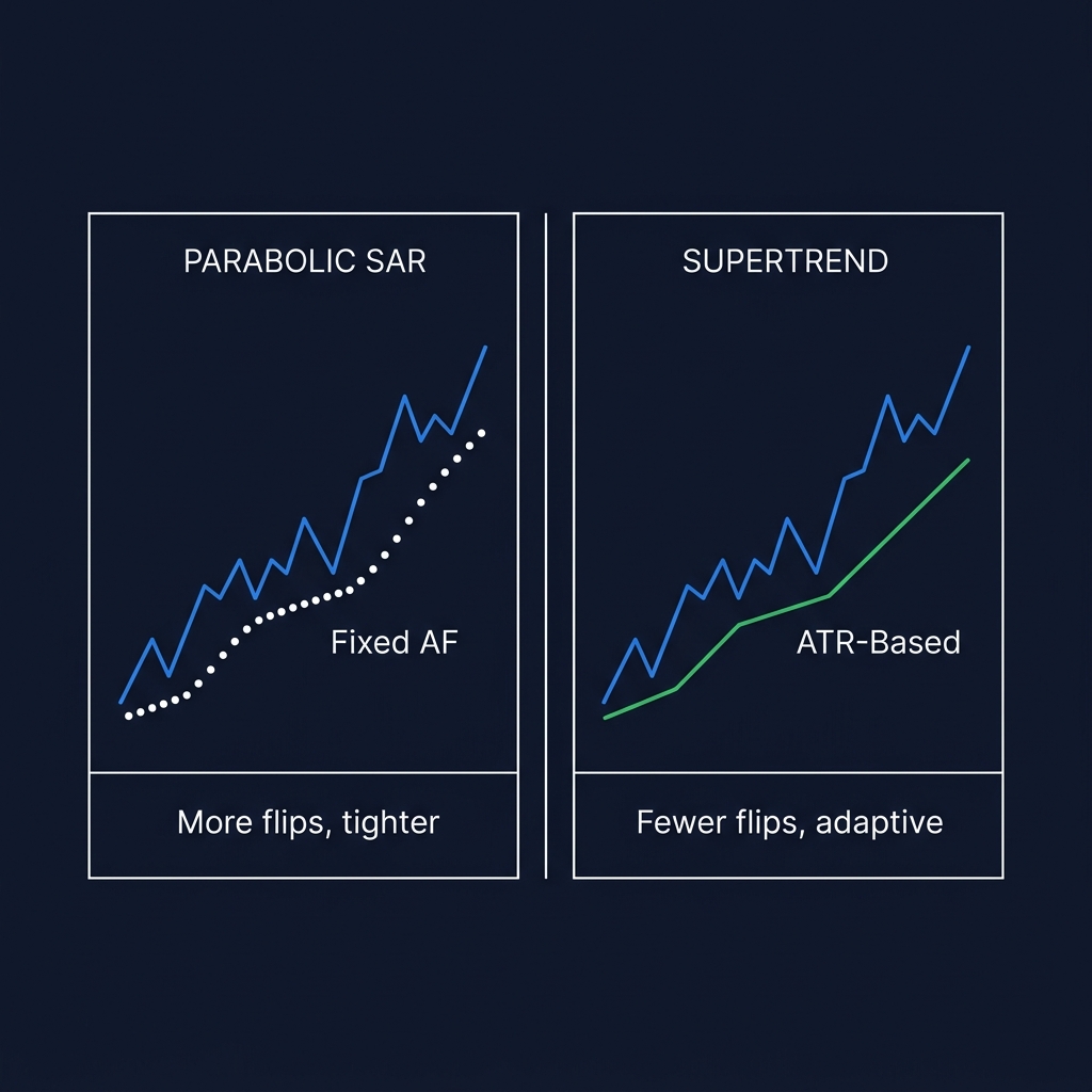 Parabolic SAR vs Supertrend comparison — different trailing stop methods on the same BTC chart