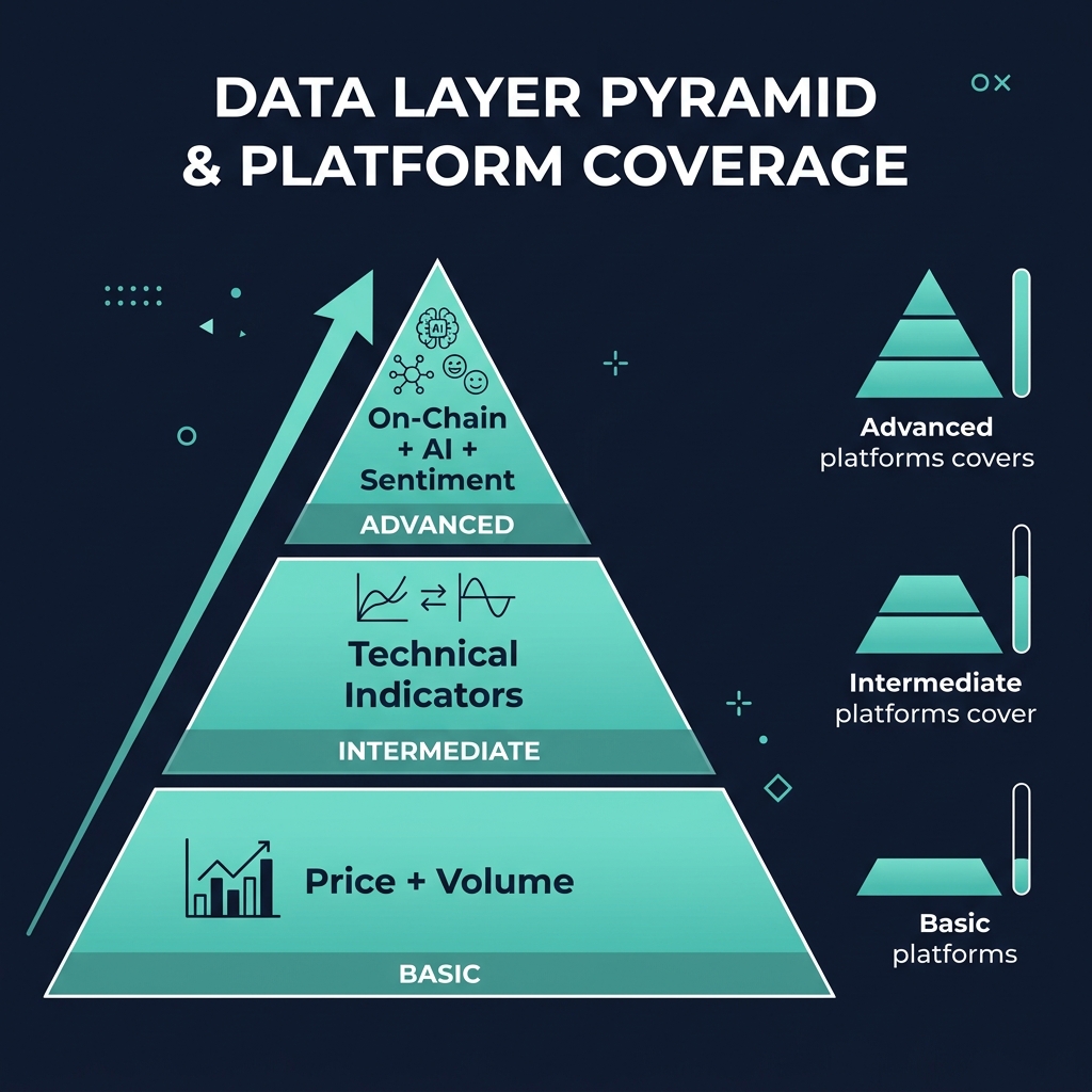 Data layer pyramid — how platforms differ by covering Price, Indicators, and On-Chain/AI layers
