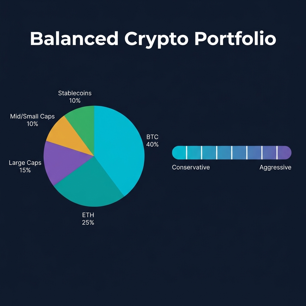 Balanced crypto portfolio — BTC 40%, ETH 25%, Large 15%, Mid/Small 10%, Stables 10%