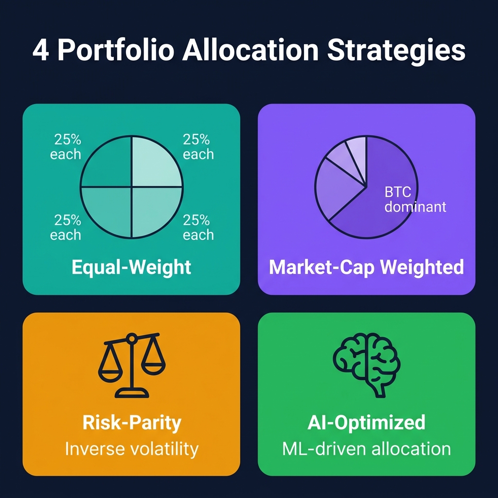 Comparison of 4 portfolio allocation strategies showing allocation bars for BTC, ETH, SOL, AVAX, and Altcoins