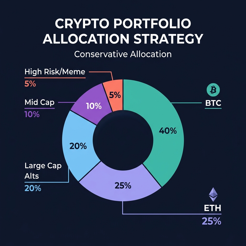 Conservative crypto portfolio allocation: BTC 40%, ETH 25%, Large Cap 20%, Mid Cap 10%, High Risk 5%