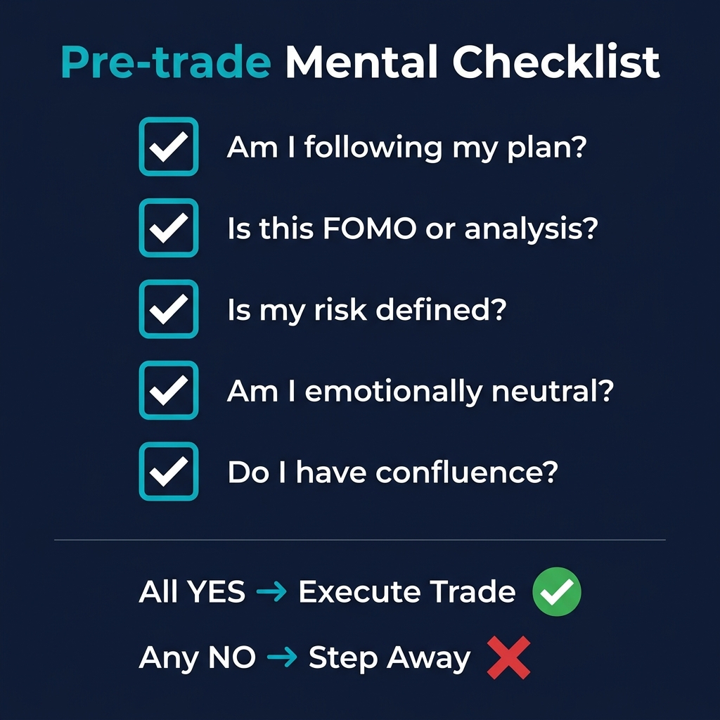 Pre-trade mental checklist: Am I following my plan? Is this FOMO? Risk defined? Emotional state neutral? Confluences checked?