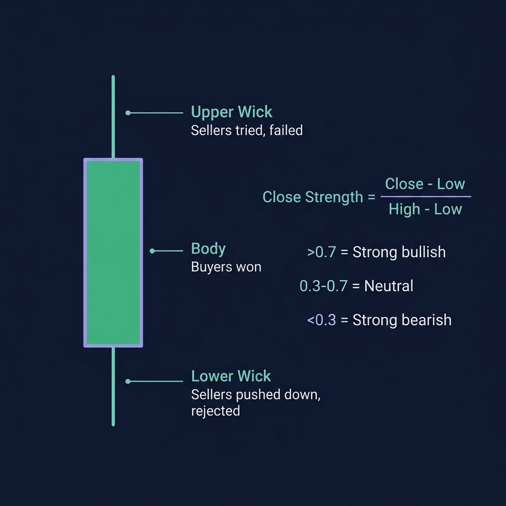 Candle anatomy for PA traders — body tells who won, wicks tell who tried and failed