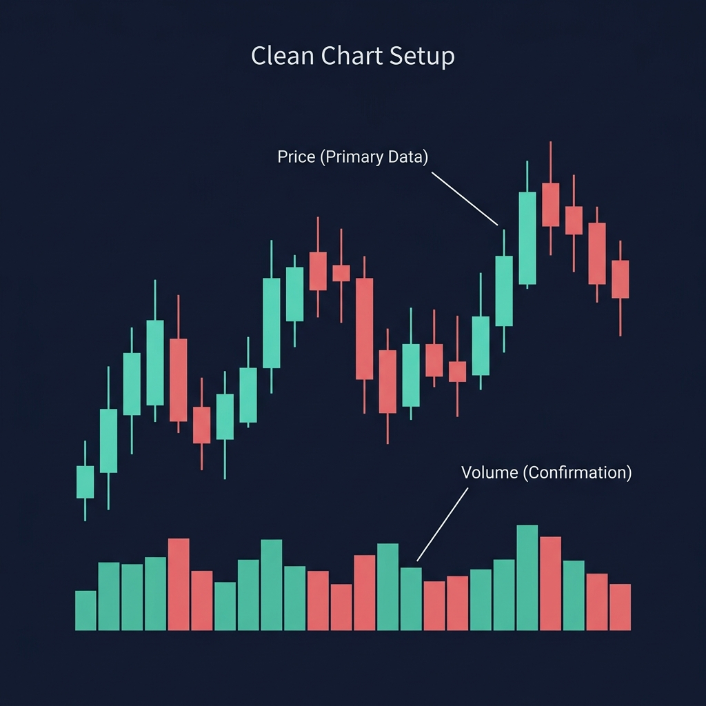 Clean chart setup — candlestick chart with volume bars only, dark theme, no indicators