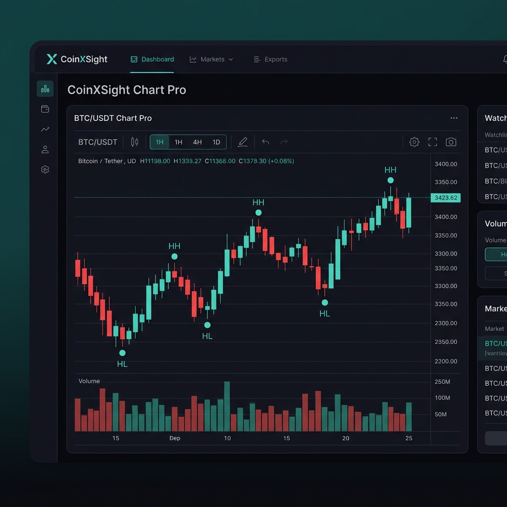 CoinXSight Chart Pro showing a clean candlestick chart with volume bars and marked swing points