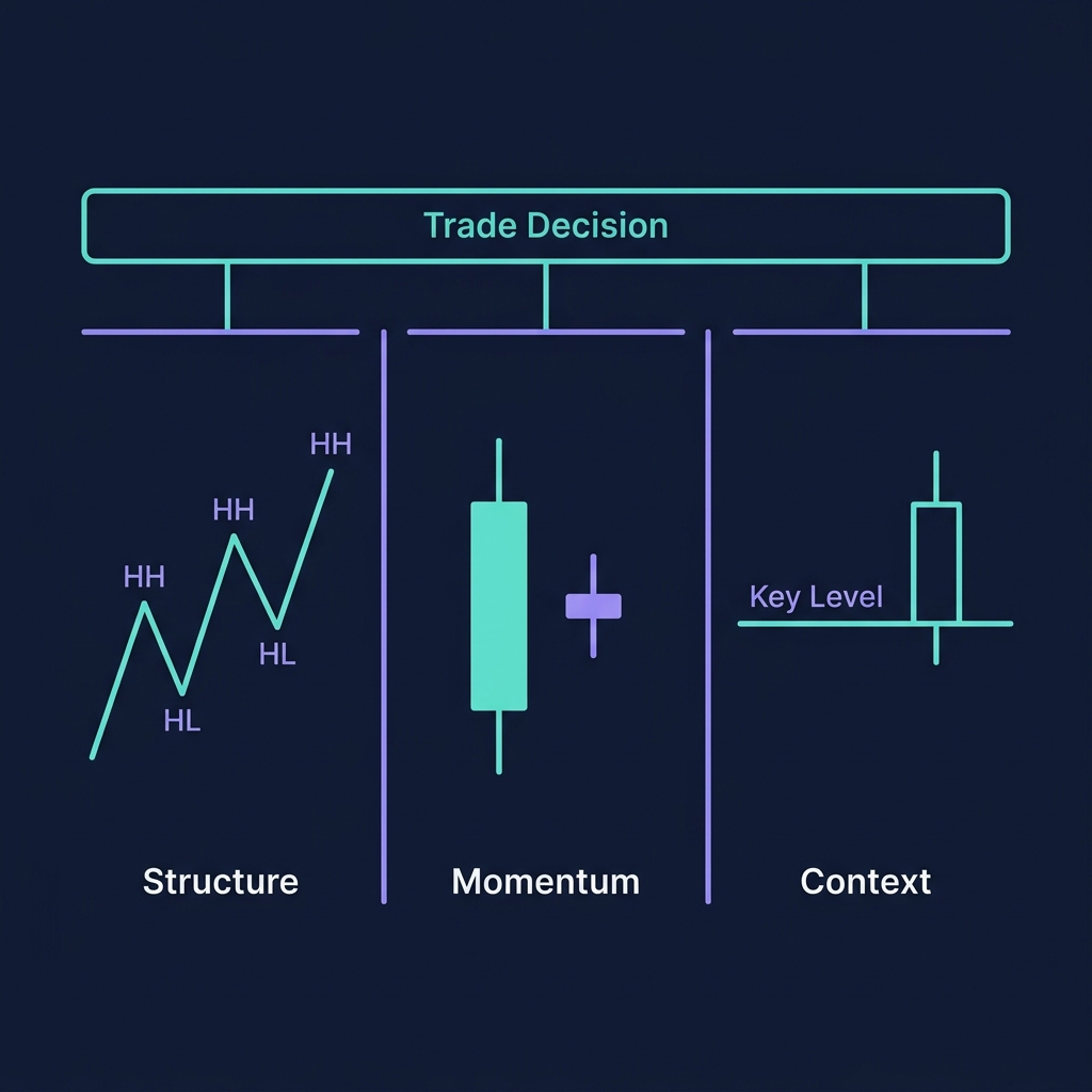 Three pillars of price action — Structure, Momentum, and Context shown as three columns supporting a trading decision