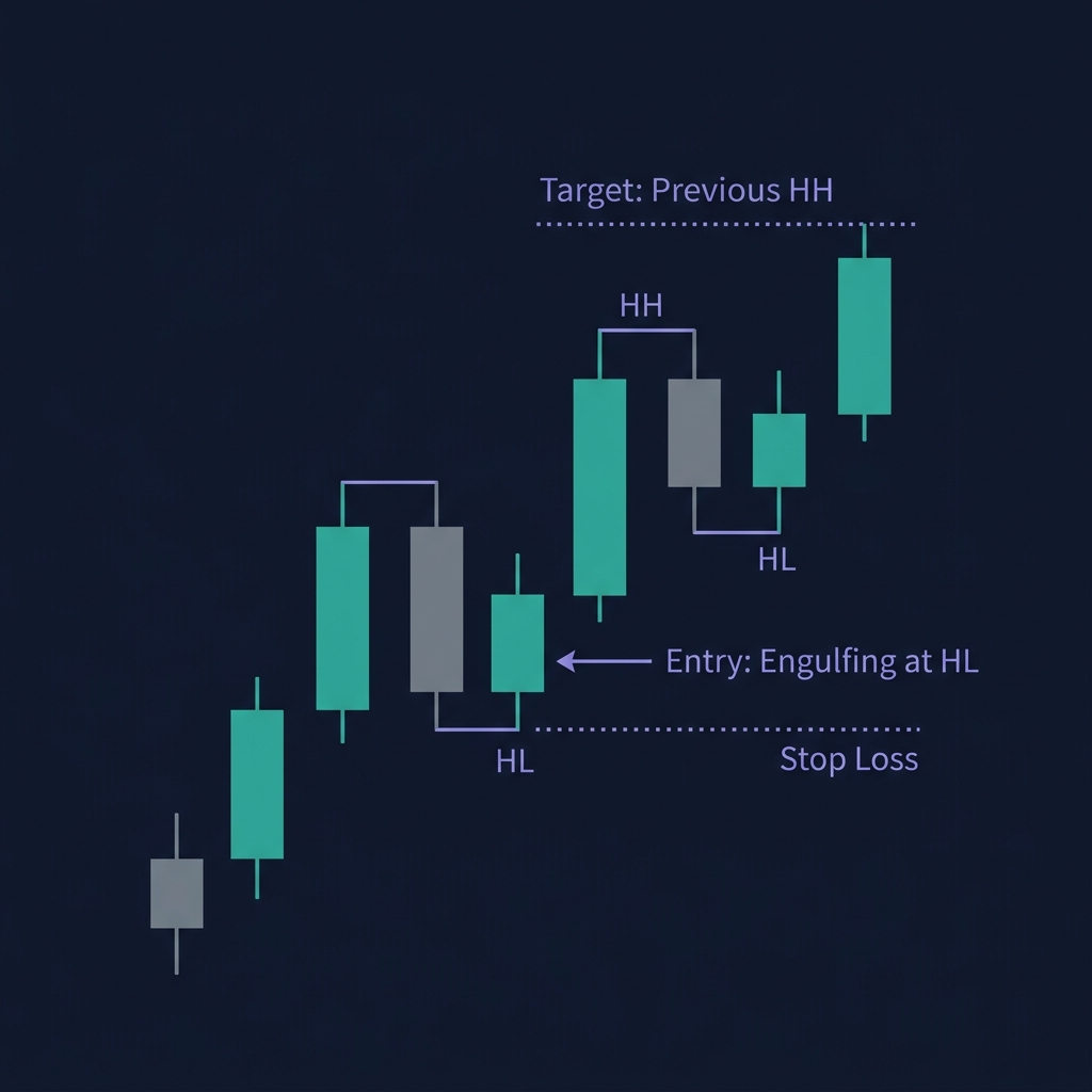 BTC 4H clean chart showing HH/HL structure with pullback entry at prior Higher Low zone