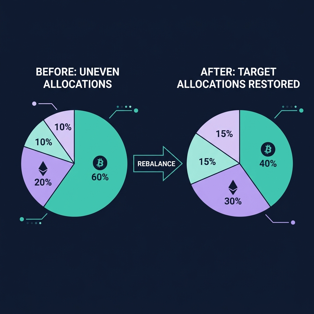 Portfolio rebalancing: Before (BTC grew to 60%) vs After (BTC restored to 40% target)