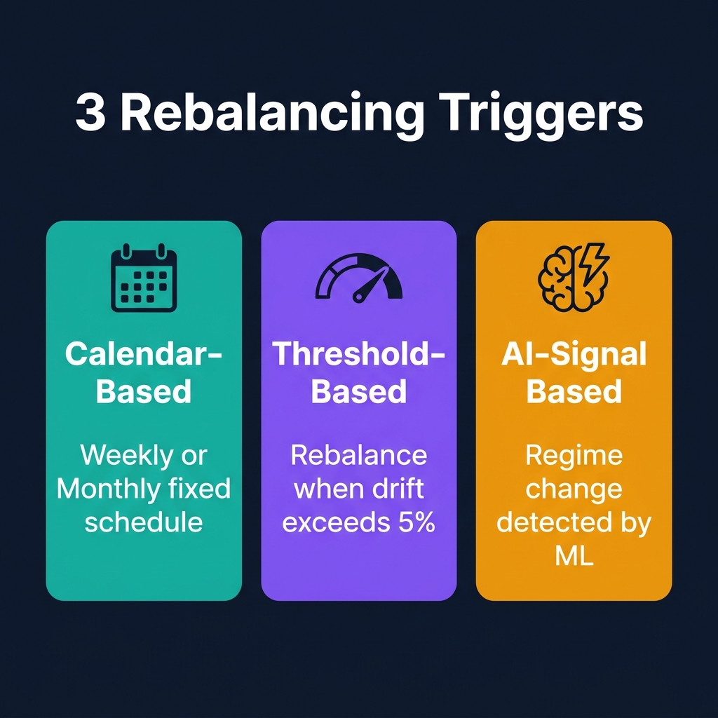 Three rebalancing trigger types showing Calendar-Based, Threshold-Based, and AI-Signal Based approaches with decision flow arrows