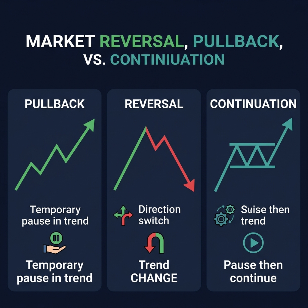 Sự khác biệt cốt lõi giữa đảo chiều, pullback và tiếp diễn xu hướng
