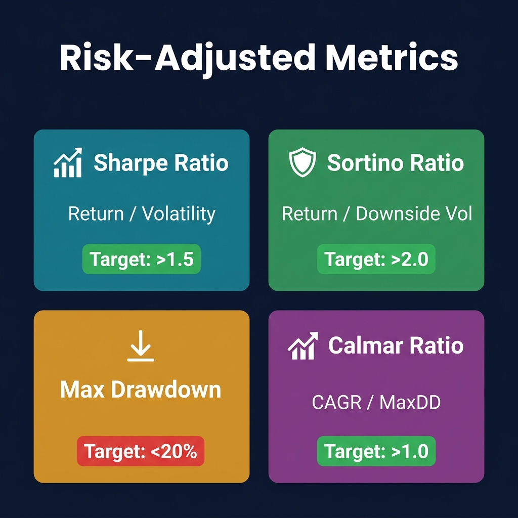 Four risk-adjusted metrics side by side with formulas and interpretation scales