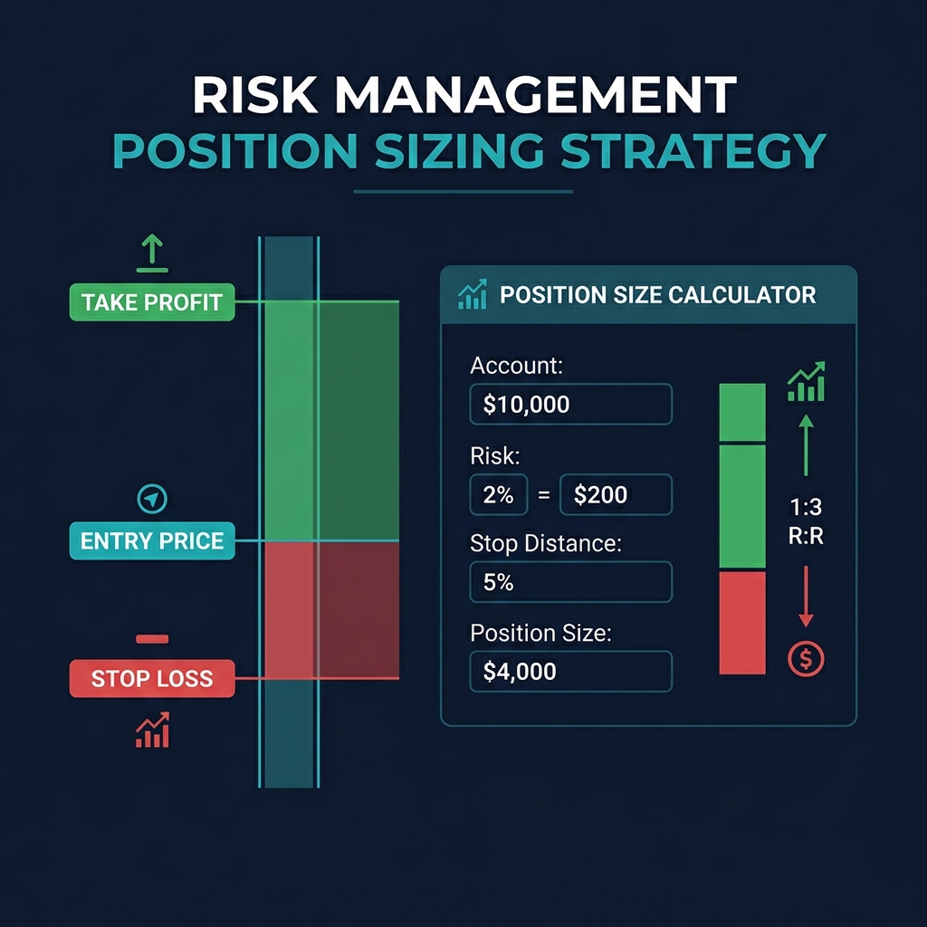 Risk management position sizing calculator showing 2% risk rule, stop loss distance, and 1:3 R:R ratio