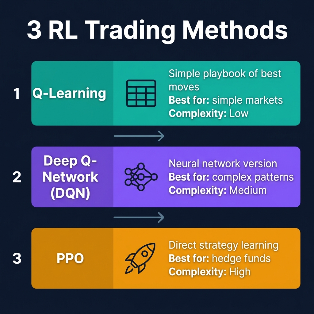 Three RL approaches compared: Q-Learning uses a simple value table, DQN adds neural network power, and PPO directly learns optimal trading policy