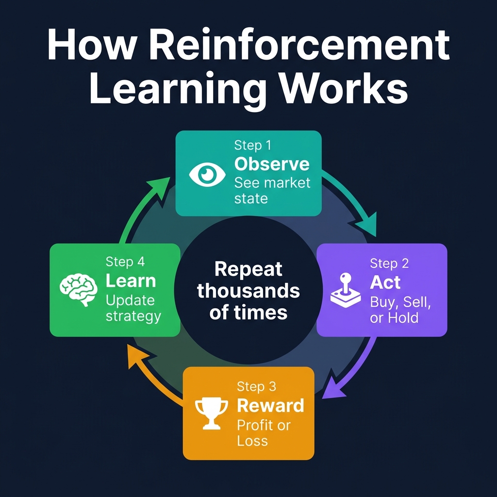 The RL cycle: the agent observes the market, takes an action, receives a reward, and updates its strategy — repeating thousands of times until it discovers winning patterns