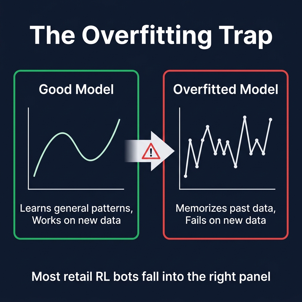 Overfitting vs. generalization: the overfit model perfectly traces past data but fails on new markets, while the generalized model captures the underlying pattern and performs consistently