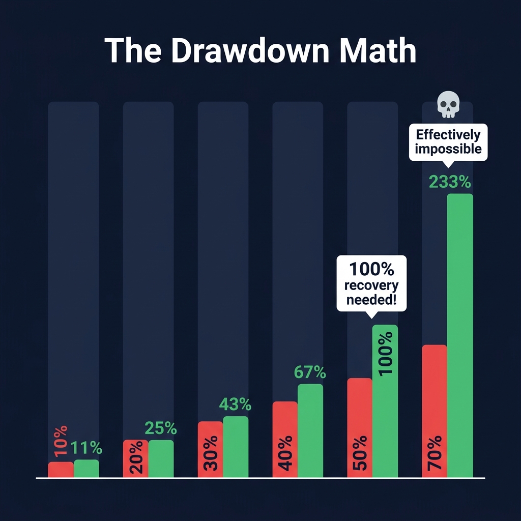 The Drawdown Math — 10% loss needs 11% recovery, 50% needs 100%, 70% is effectively impossible