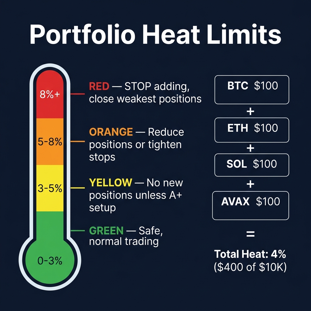 Portfolio Heat Limits — Green (0-3%), Yellow (3-5%), Orange (5-8%), Red (8%+) with trade examples