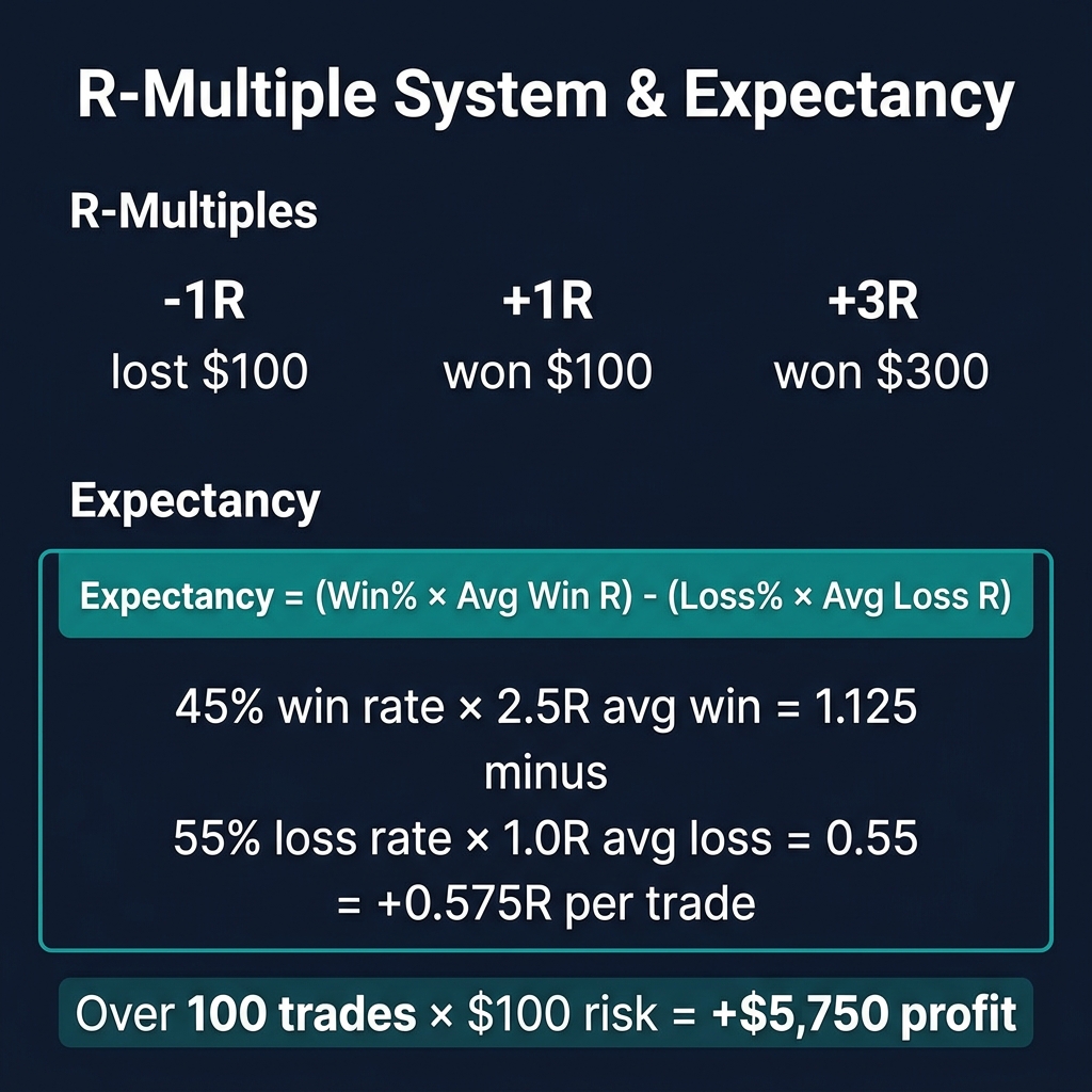 R-Multiple System & Expectancy — 45% win rate × 2.5R wins = +0.575R per trade = $5,750 over 100 trades