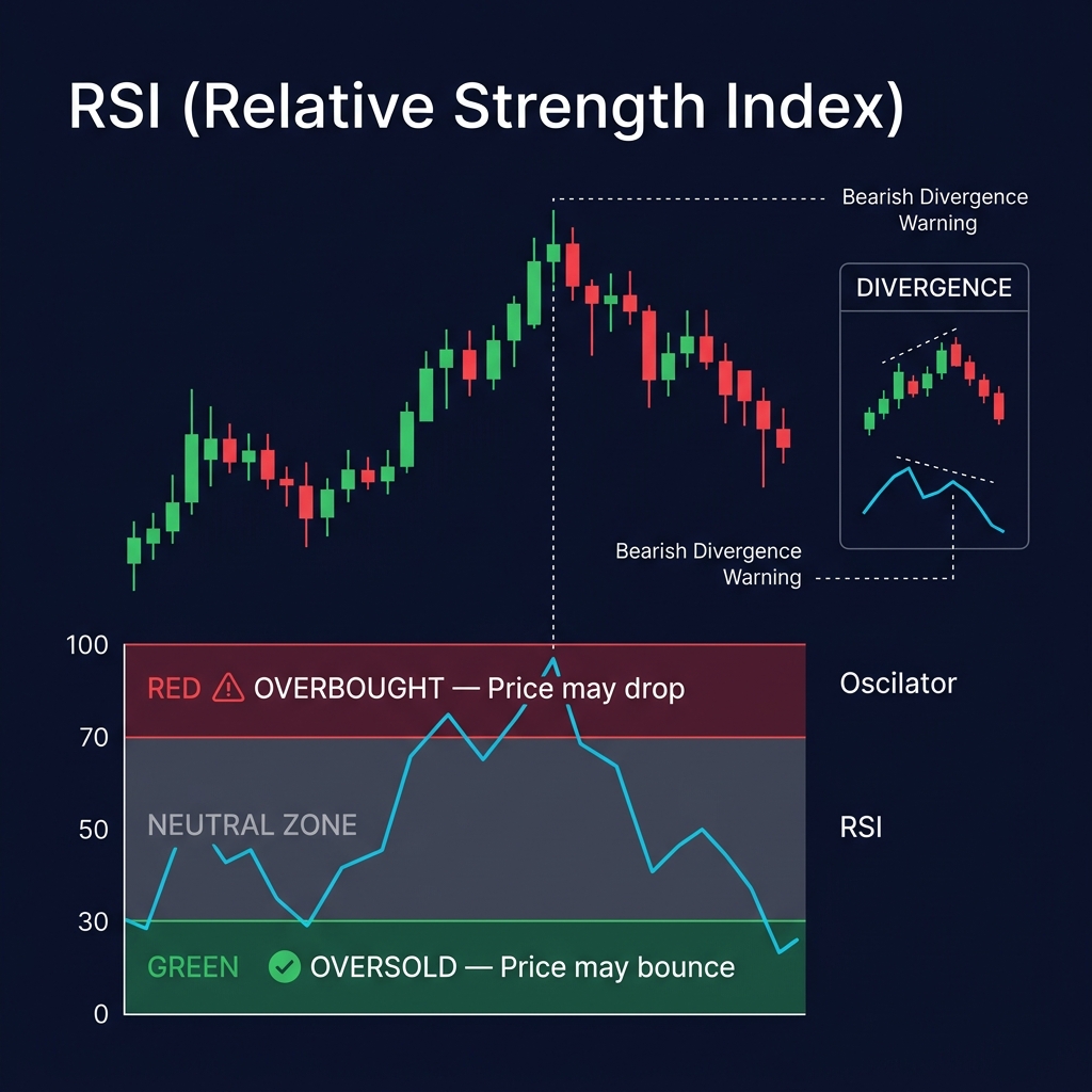 RSI indicator zones — overbought above 70, oversold below 30, neutral zone, and divergence example