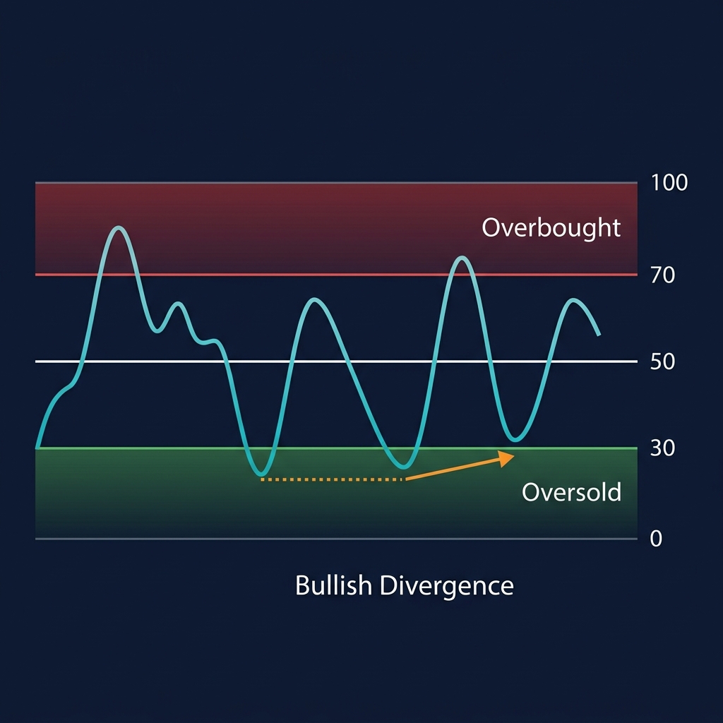 RSI oscillator with overbought zone above 70, oversold below 30, and bullish divergence signal