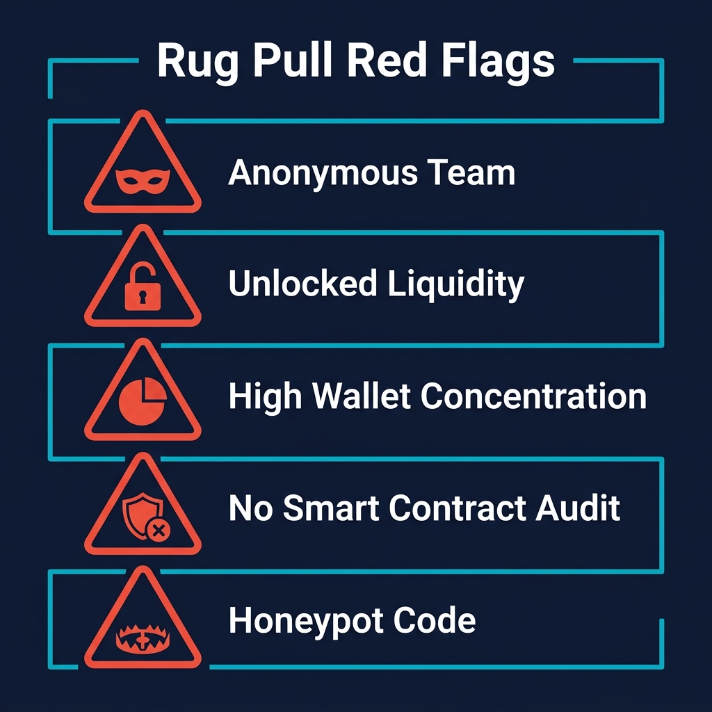 Rug pull warning signs: Anonymous team, Unlocked liquidity, High wallet concentration, No audit, Honeypot code