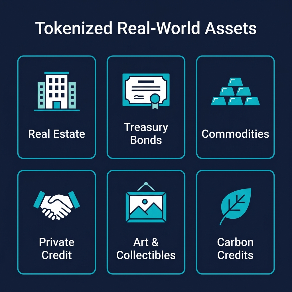 Types of tokenized real-world assets: Real Estate, Treasury Bonds, Commodities, Private Credit, Art, Carbon Credits