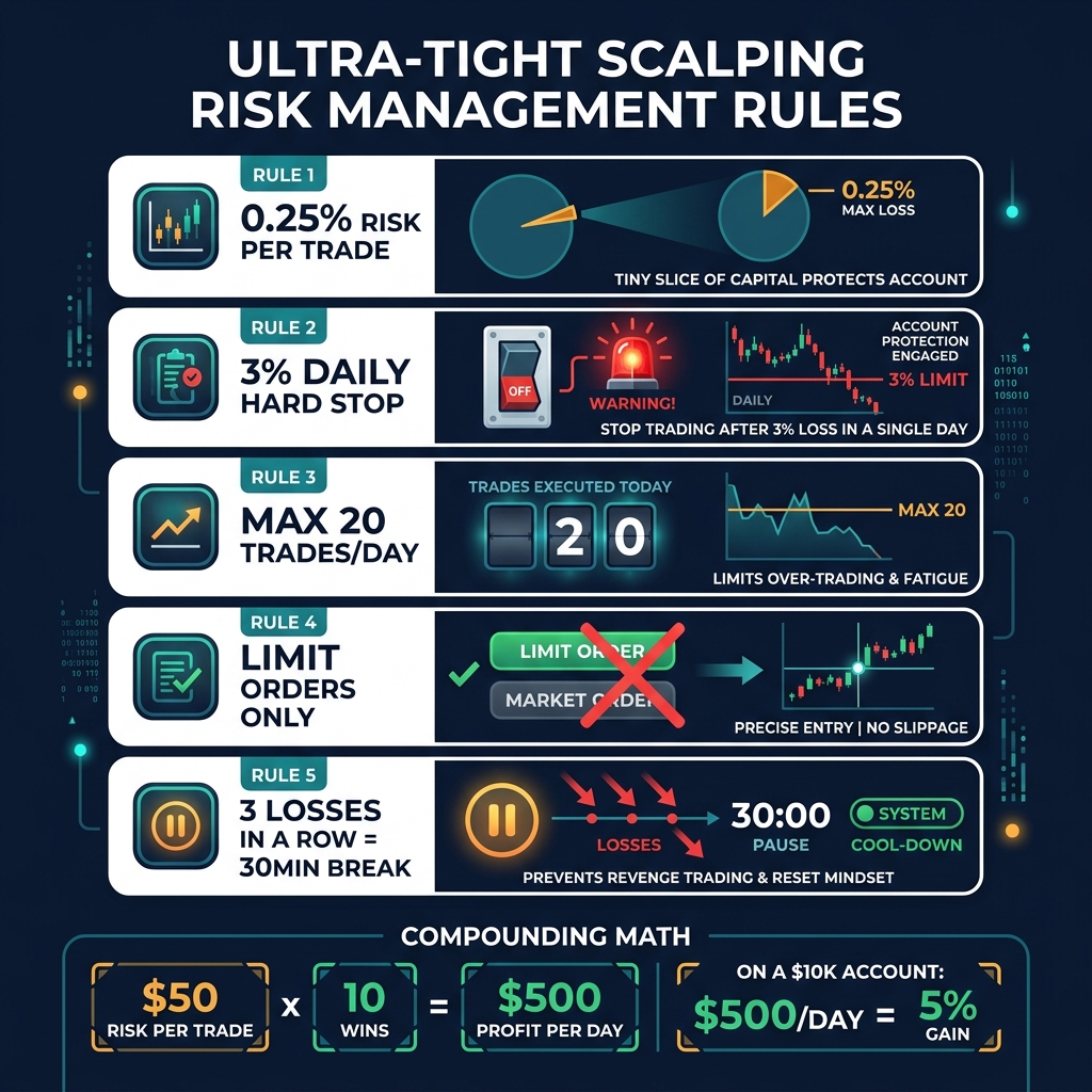 Quản lý rủi ro scalping siêu chặt chẽ: rủi ro 0.25%, dừng lỗ ngày 3%, tối đa 20 lệnh