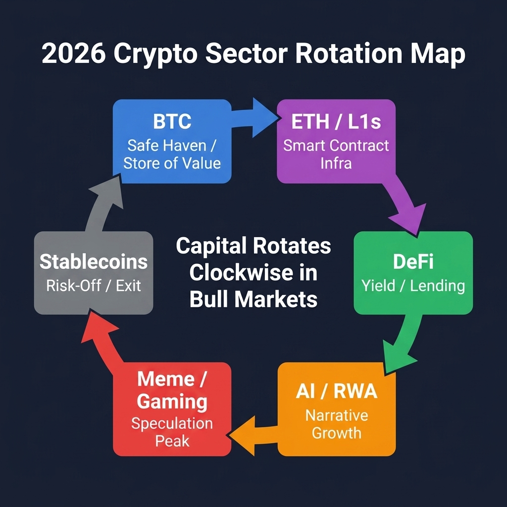 2026 crypto sector rotation map showing capital flow from BTC through L1s, DeFi, AI/RWA, Meme, and back to stablecoins