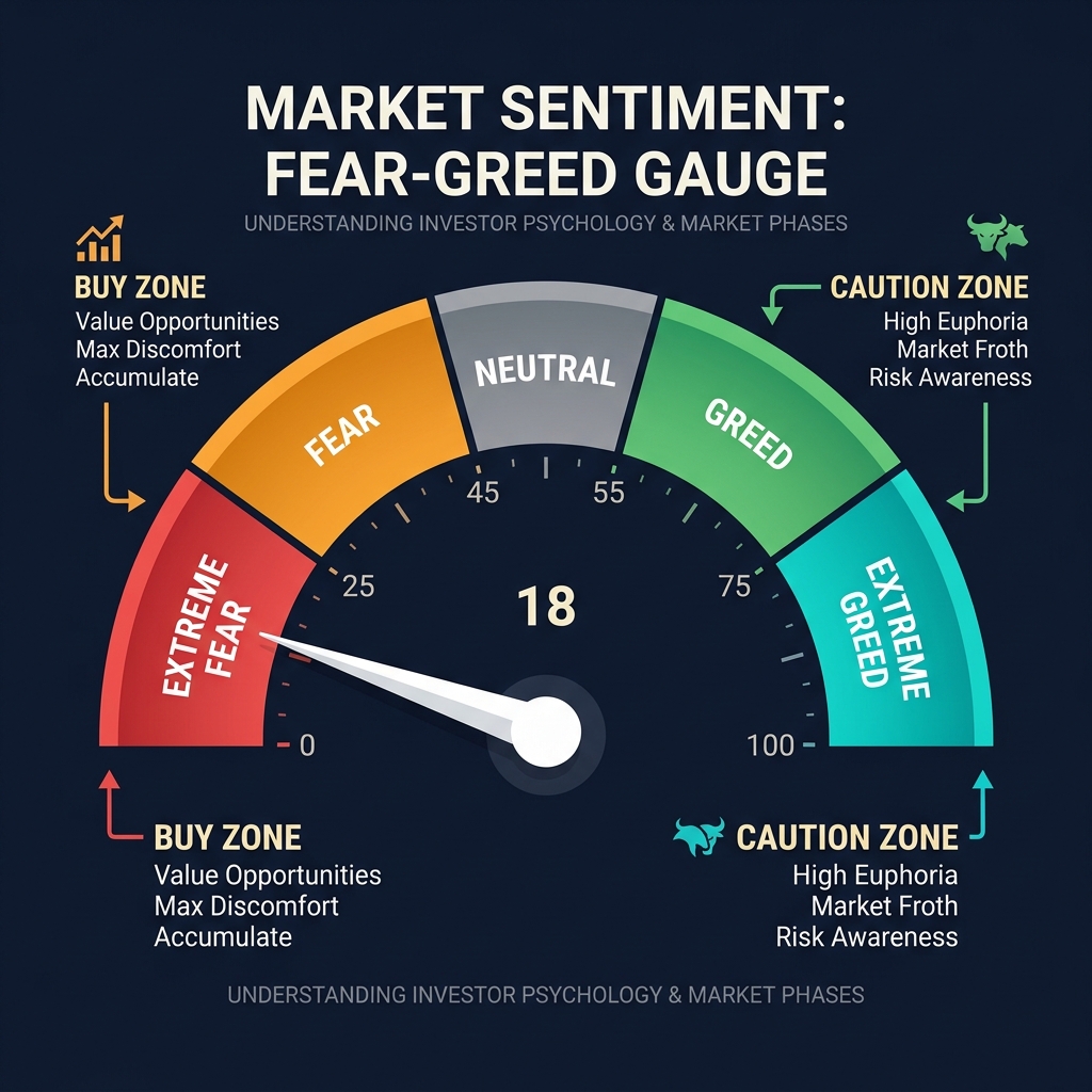 Fear-Greed gauge showing extreme fear (buy zone) to extreme greed (caution zone) with score ranges 0-100