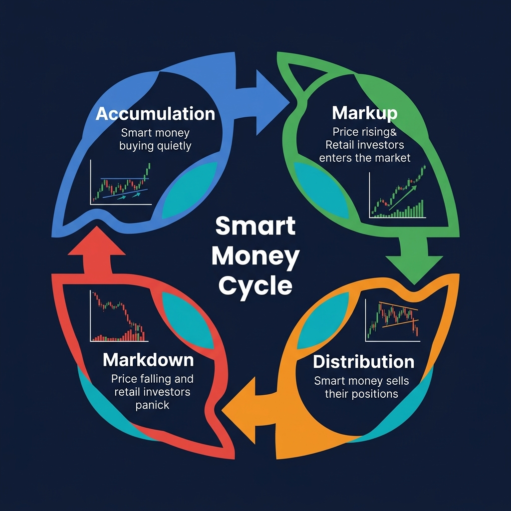 Smart money flow cycle: Accumulation → Markup → Distribution → Markdown, with volume bars at each phase