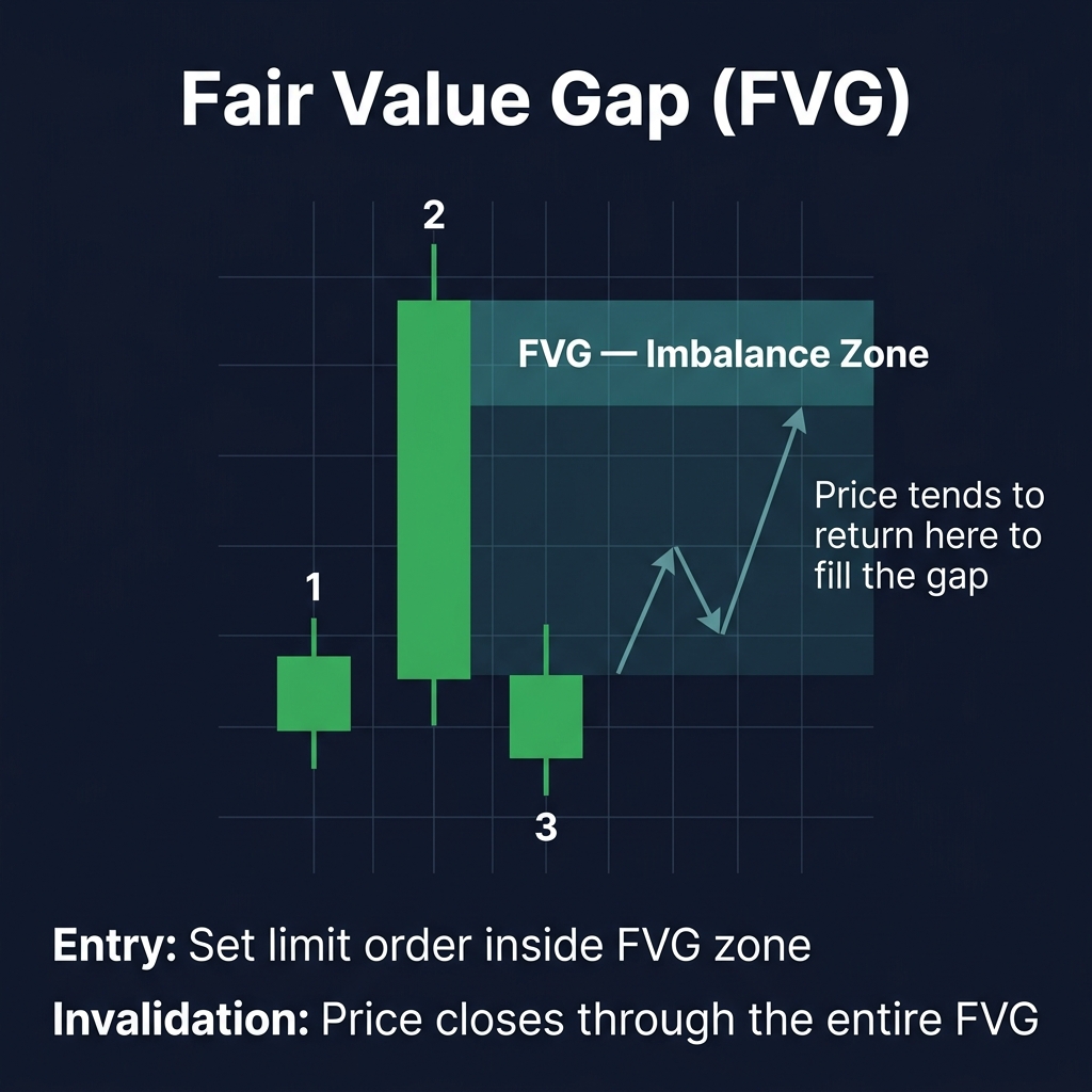 Fair Value Gap: 3-candle imbalance pattern where price moved too fast, creating a gap that tends to be filled