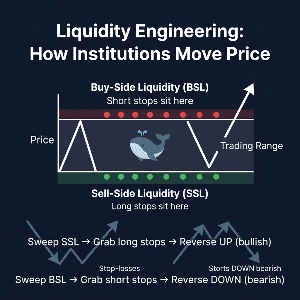 Liquidity Engineering: BSL (short stops above highs) and SSL (long stops below lows) — institutions sweep these zones to fill orders