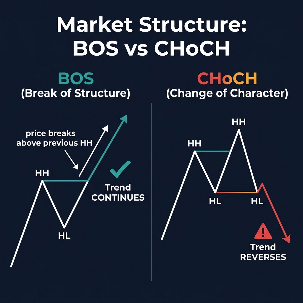 Market Structure: BOS (trend continues) vs CHoCH (trend reverses) — the critical difference in SMC trading