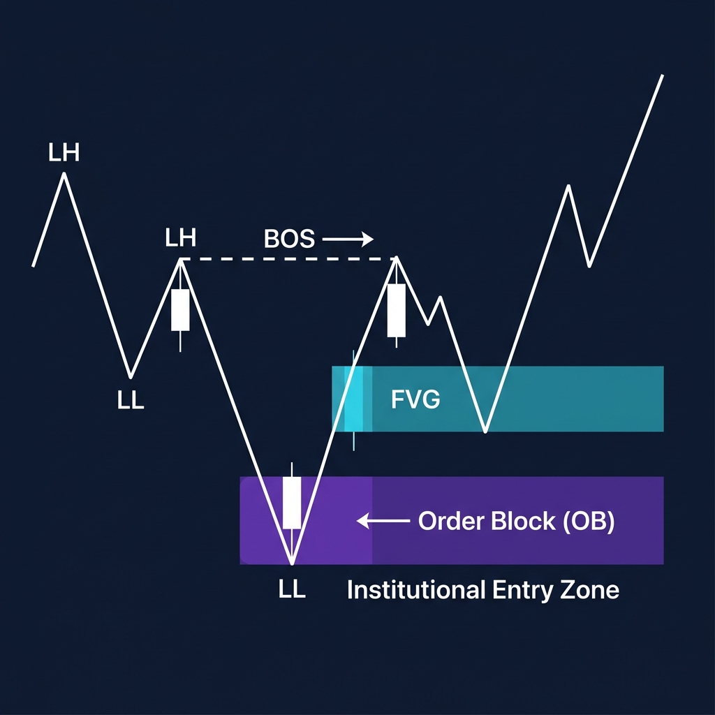 Smart Money Concepts showing Order Block, Fair Value Gap, and Break of Structure for institutional entry zone