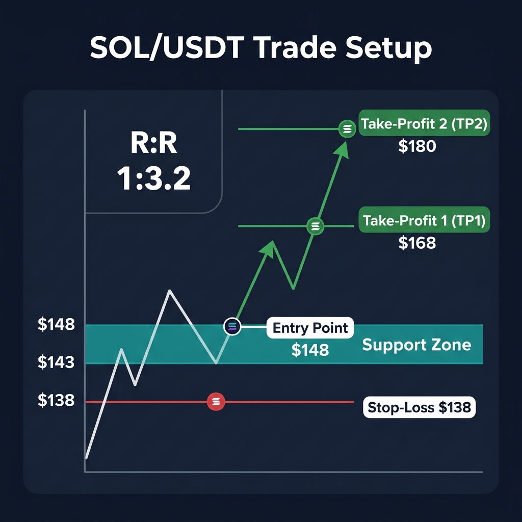 SOL/USDT trade example: Entry $148, SL $138, TP $168/$180, R:R 1:3.2