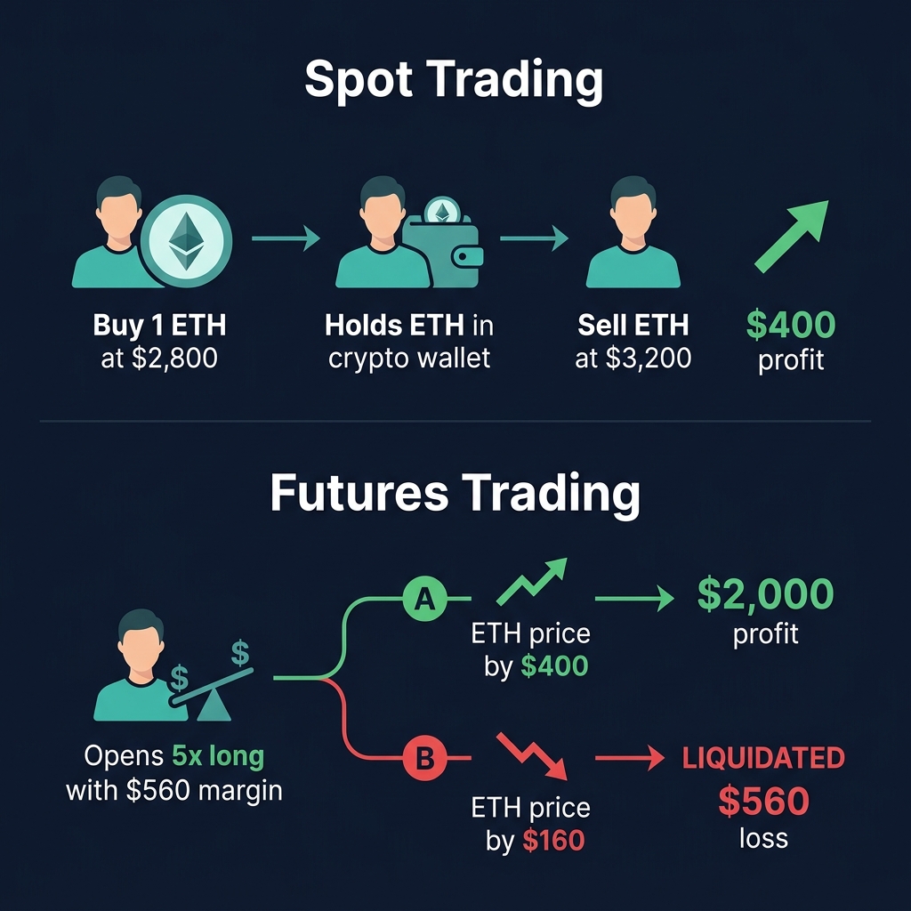 How spot trading and futures trading work: profit and loss flow comparison