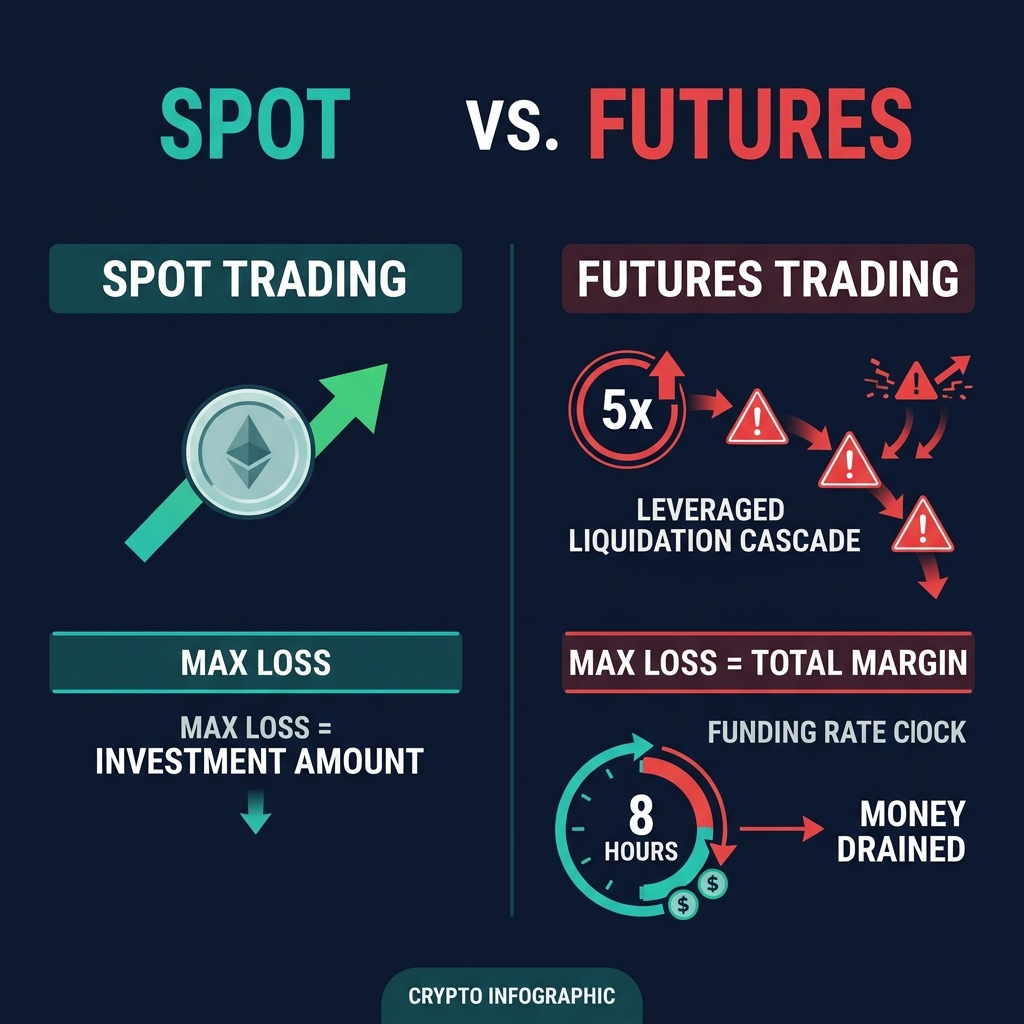 Risk profile comparison: spot trading limited loss vs futures liquidation risk