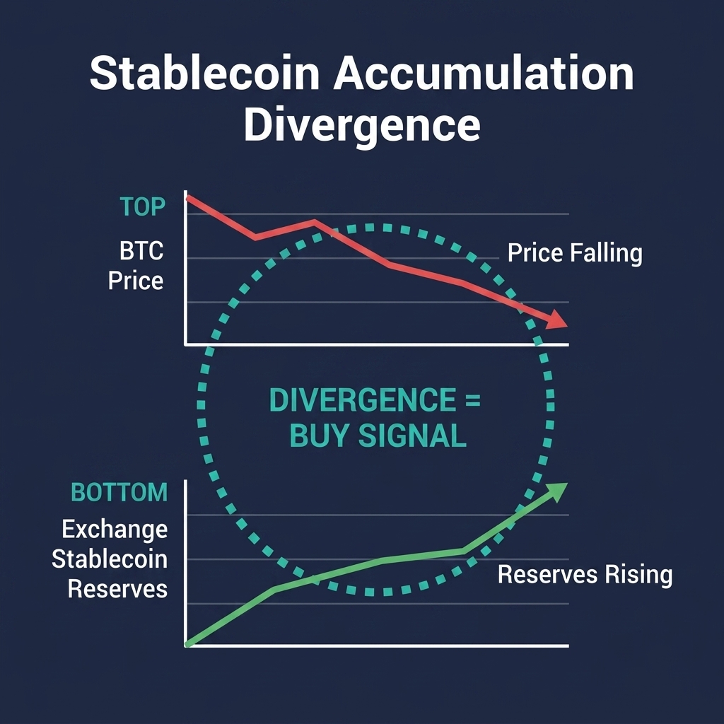 Stablecoin accumulation divergence — price falling while exchange stablecoin reserves rising signals a buy setup