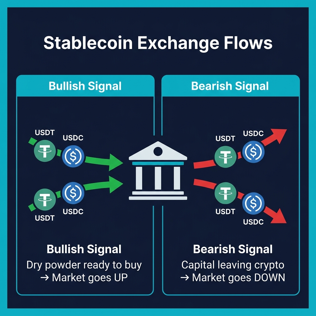 Stablecoin exchange flows: Inflow = dry powder ready to buy (bullish), Outflow = capital leaving crypto (bearish)