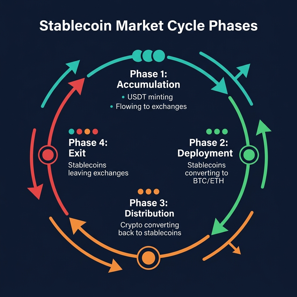 Stablecoin market cycle phases: Accumulation (minting) → Deployment (buying crypto) → Distribution (selling to stables) → Exit (leaving exchanges)