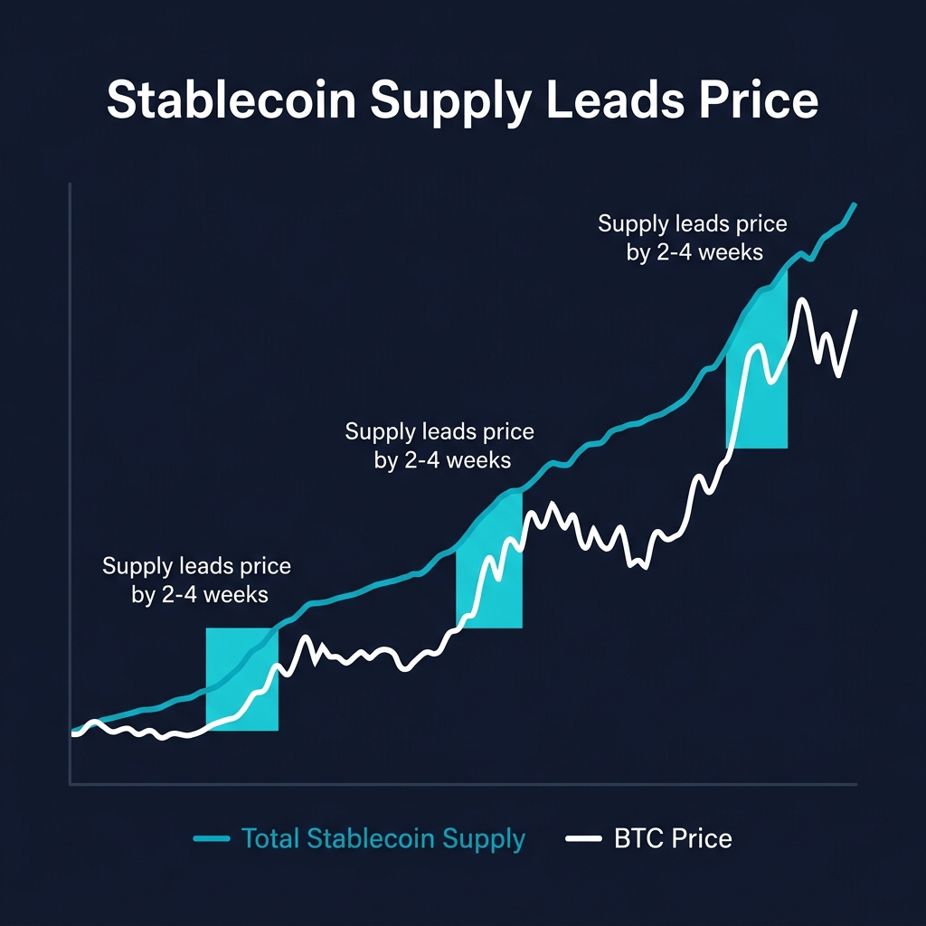 Stablecoin supply leads BTC price by 2-4 weeks: Supply increases precede rallies, supply decreases precede corrections