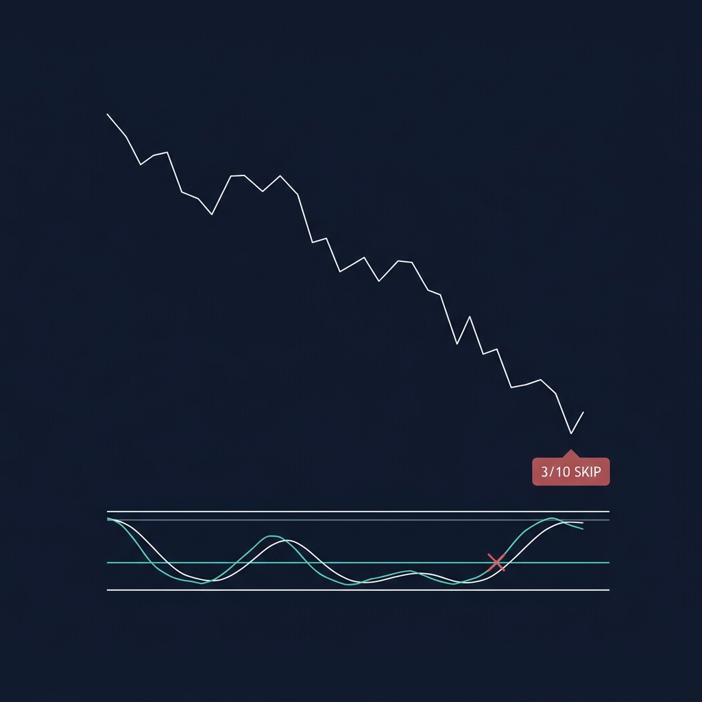 BTC/USDT StochRSI false signal — bullish crossover at 0.18 in a downtrend with Confluence Score 3/10, price continues falling