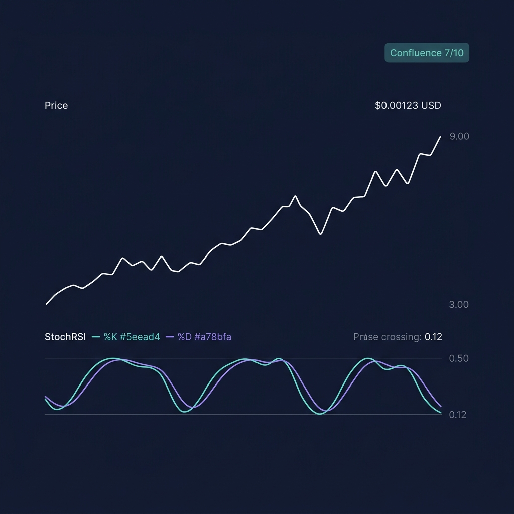 CoinXSight Chart Pro showing SOL/USDT with StochRSI %K/%D bullish crossover at 0.12 in oversold zone and Confluence Score 7/10