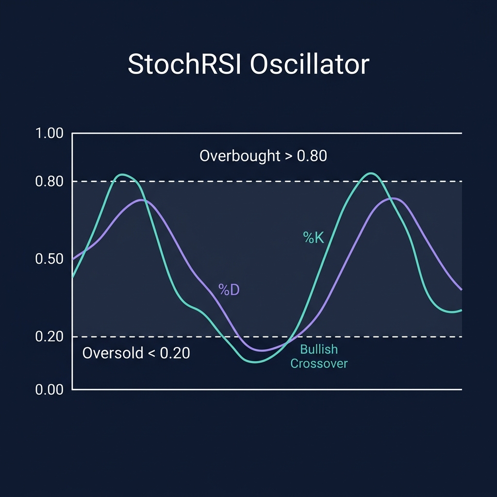 StochRSI overbought and oversold zones with %K/%D crossover signals — bullish crossover below 0.20, bearish crossover above 0.80