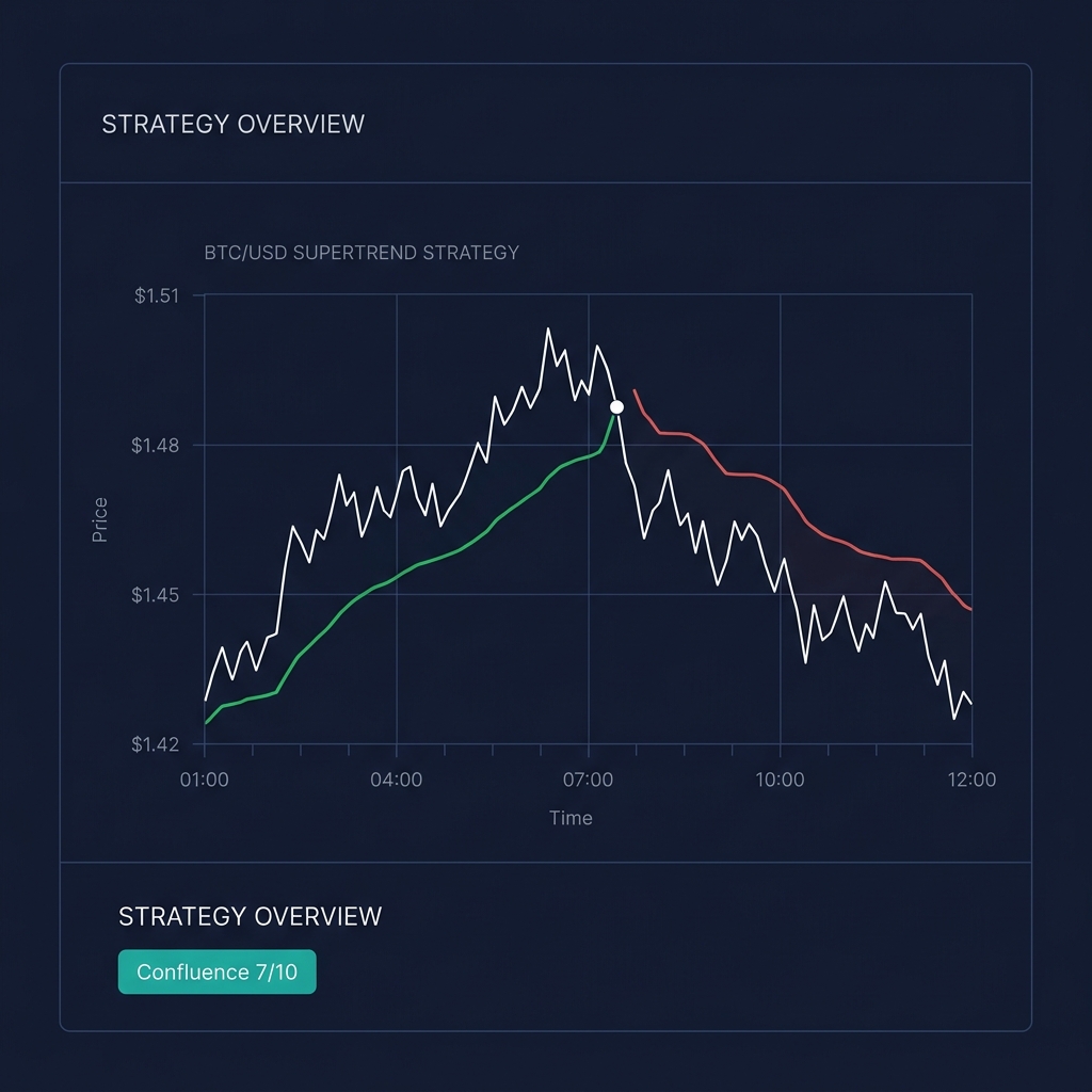 CoinXSight Chart Pro showing BTC/USDT with Supertrend green line below price during uptrend, flip point marked, and Confluence Score 7/10