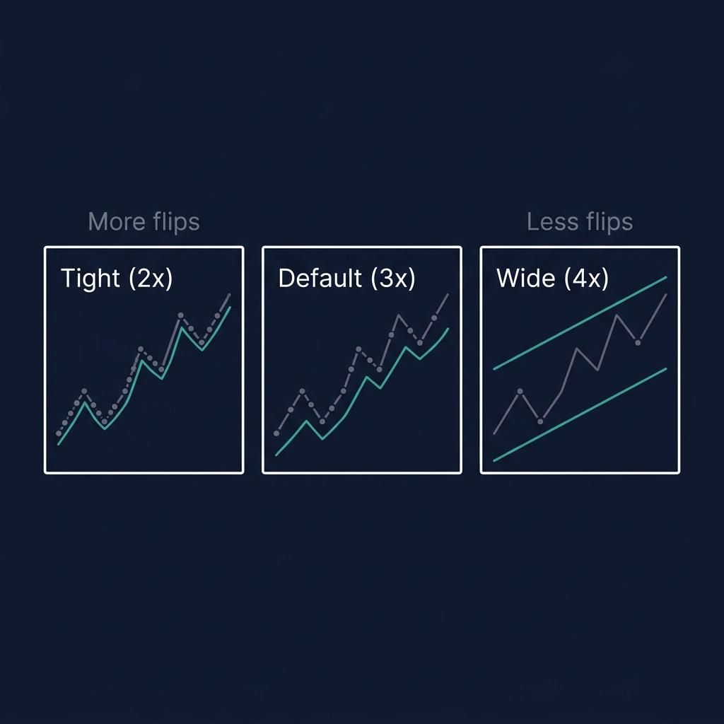 Supertrend settings comparison — tight ATR 7/2x with many whipsaws vs default ATR 10/3x vs wide ATR 14/4x with fewer flips