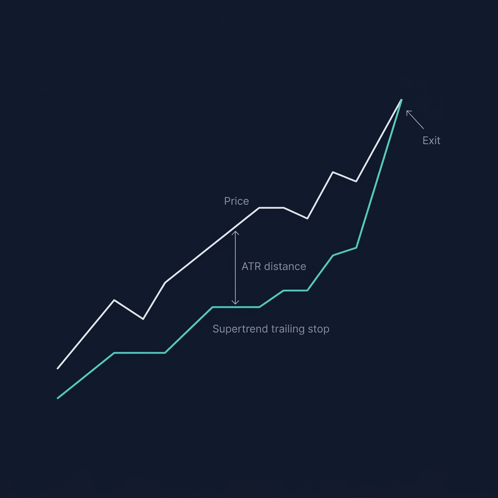 Supertrend trailing stop infographic showing green line rising below price during uptrend, adjusting dynamically with ATR-based distance