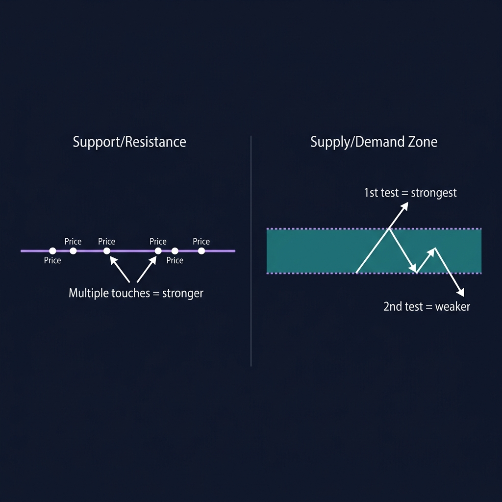 Supply and demand zones vs support and resistance — side-by-side comparison showing zones as areas vs levels as lines