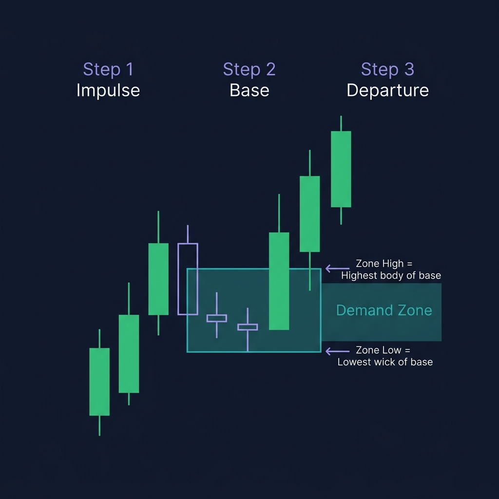 3-step zone drawing method — Base-Impulse-Departure sequence with labeled zones on a dark chart