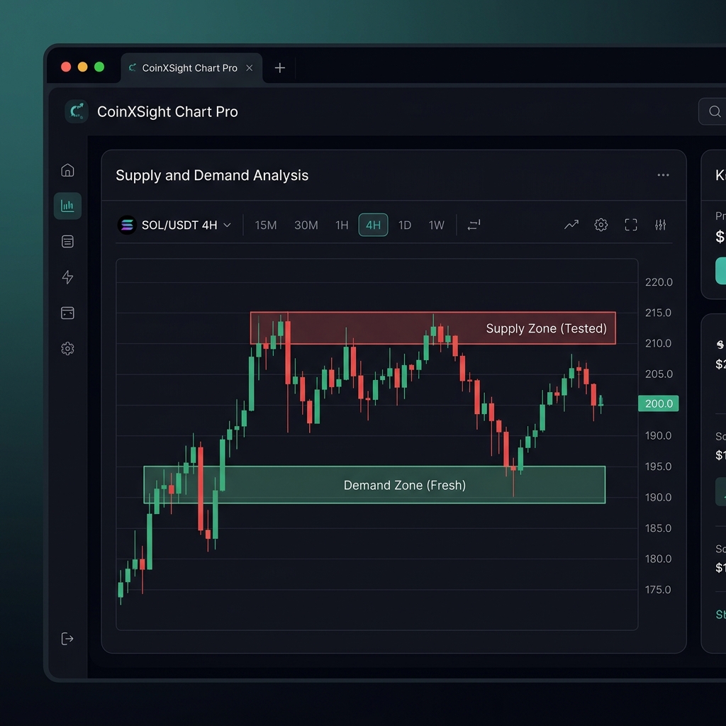 CoinXSight Chart Pro interface showing supply and demand zones with SMC Layer overlay and Confluence Score